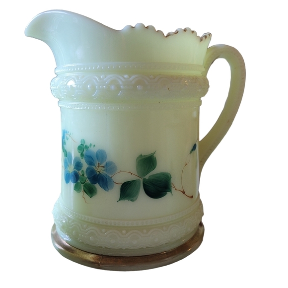 1800s Heisey Ring Band Custard Glass Pitcher & 4 Cups Rare Blue Hibiscus UV - Picture 10 of 10